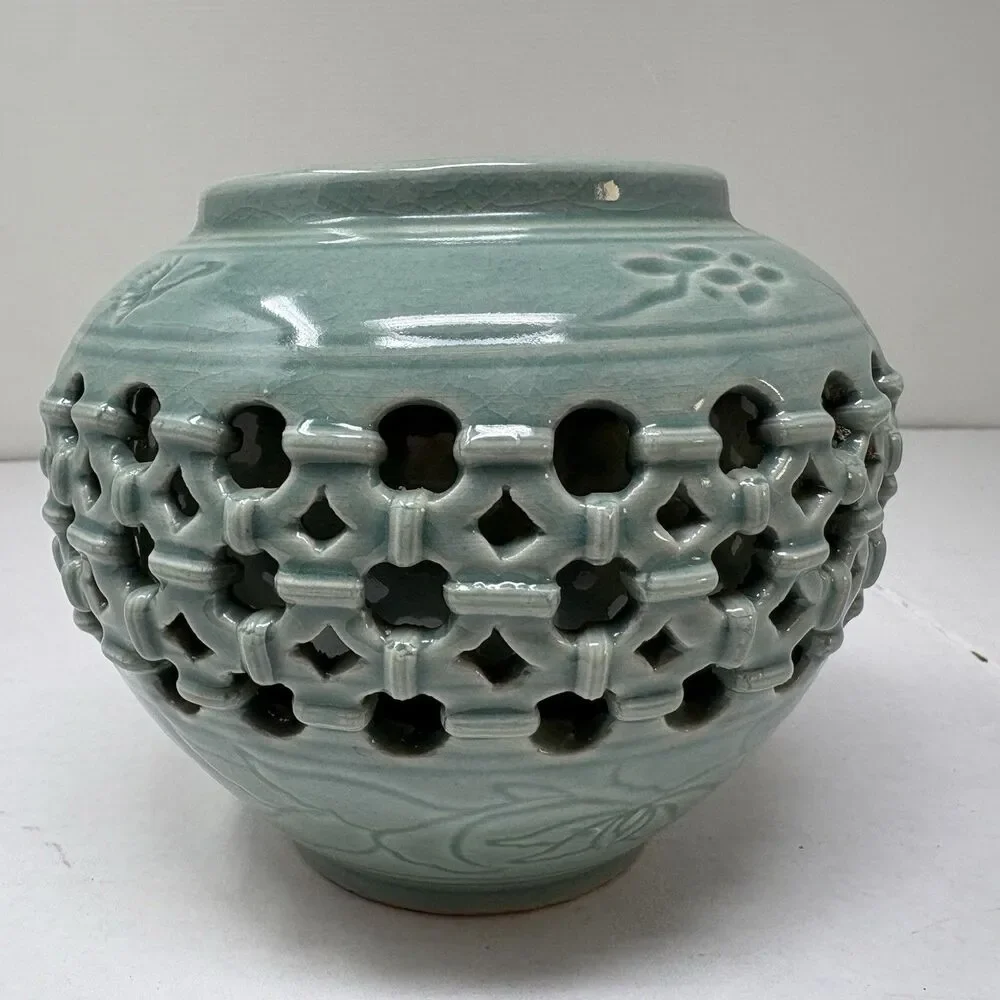 Korean Celadon Double Wall Openwork Vase W/Inlaid Crane & Cloud Motif 5” x 6”